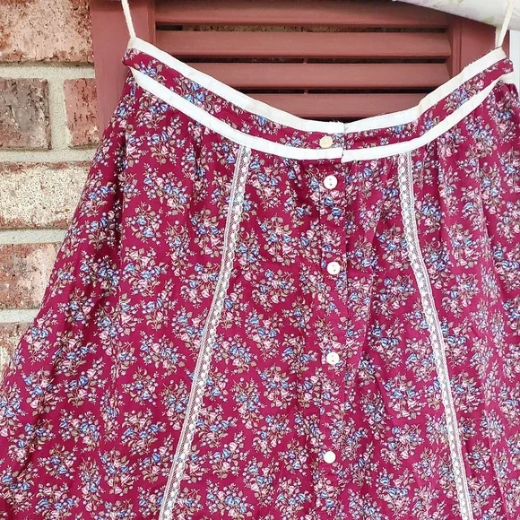 💖Beautiful💖Jessica's Gunnies Gunne Sax Burgundy Calico Lace Prairie Skirt🌟 - Picture 10 of 15